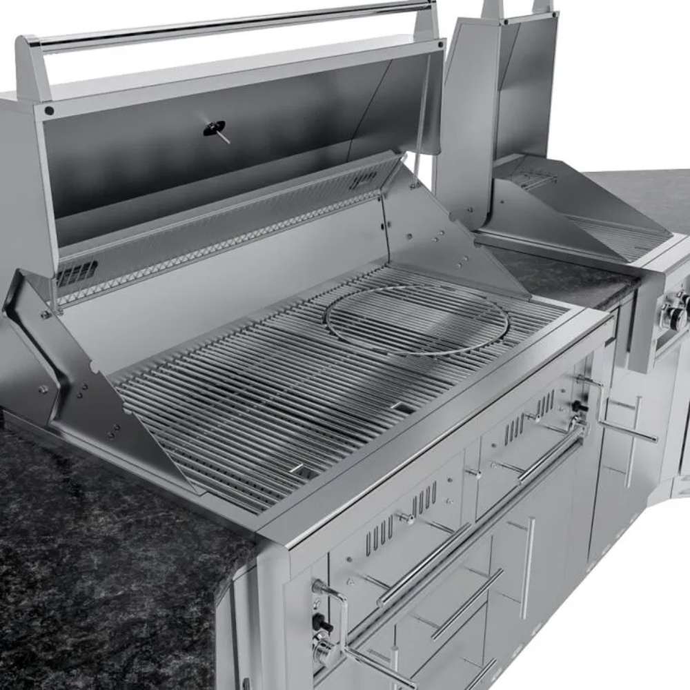 Sunstone Big-Texan 21ft Outdoor Cabinet large Island Package detailed view of dual grills with open lids and control knobs