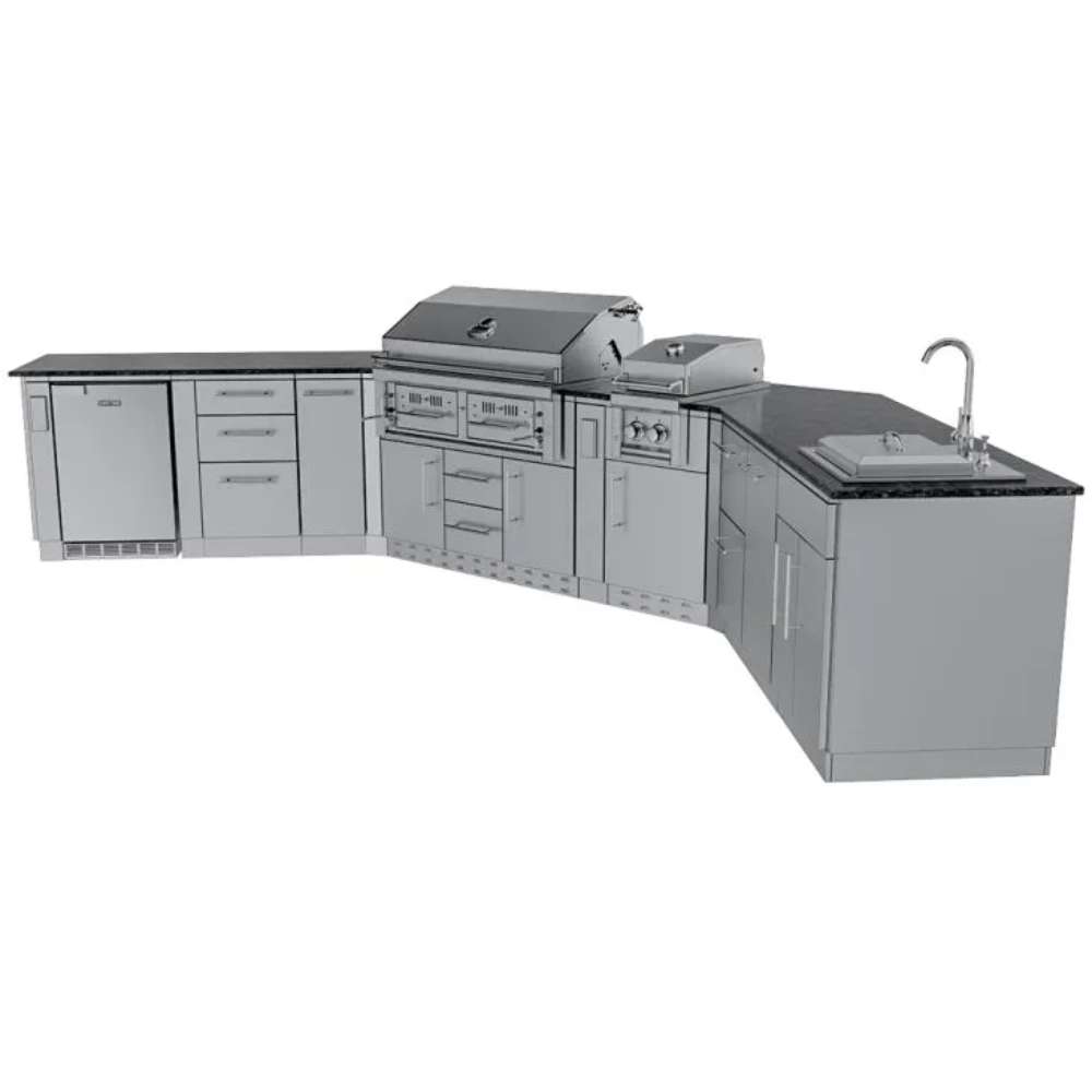 Sunstone Big-Texan 21ft Outdoor Cabinet large Island Package displayed at an angle with grill, refrigerator, sink, and storage