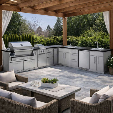 Sunstone Big-Texan 21ft Outdoor Cabinet large Island Package presented under a covered patio with grill, dual sinks, and seating nearby