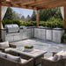 Sunstone Big-Texan 21ft Outdoor Cabinet large Island Package presented under a covered patio with grill, dual sinks, and seating nearby