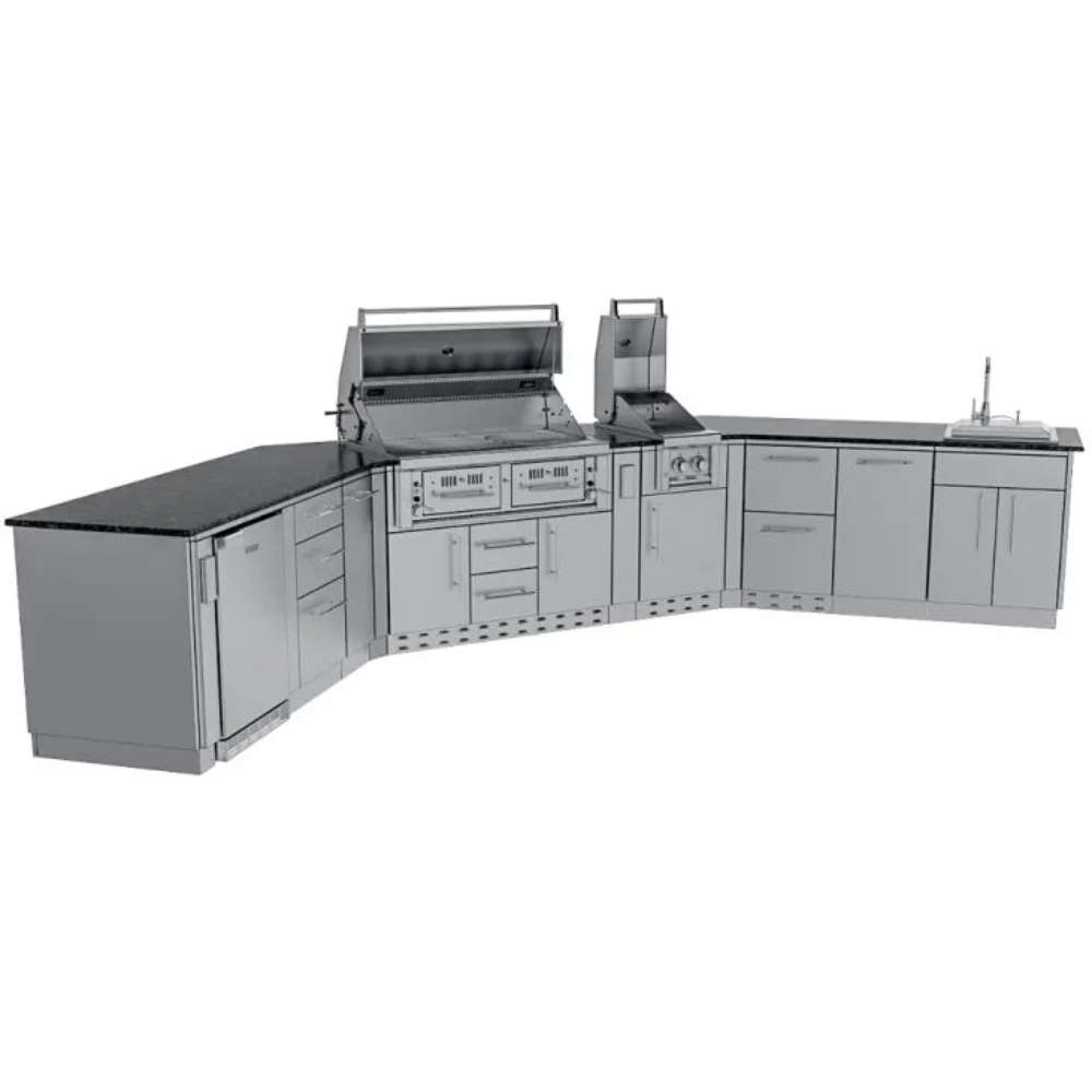Sunstone Big-Texan 21ft Outdoor Cabinet large Island Package shown with open grill lids revealing cooking surfaces and storage below
