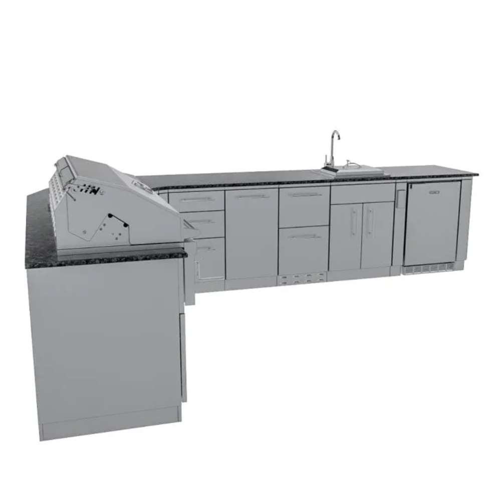 Sunstone Big-Texan 21ft Outdoor Cabinet large Island Package side view showing grill, cabinets, sink, and refrigerator in a straight layout