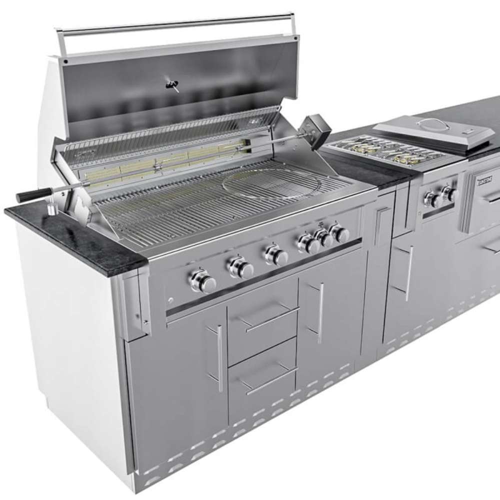 Sunstone French Quarter 13ft 7in Outdoor Kitchen Island Package displays an open grill with cooking grates, side burner, and control knobs