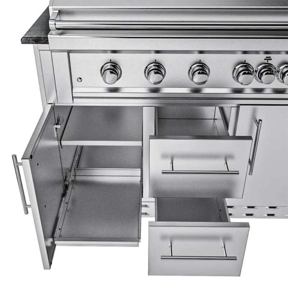 Sunstone French Quarter 13ft 7in Outdoor Kitchen Island Package displays open storage with drawers and cabinets beneath the grill