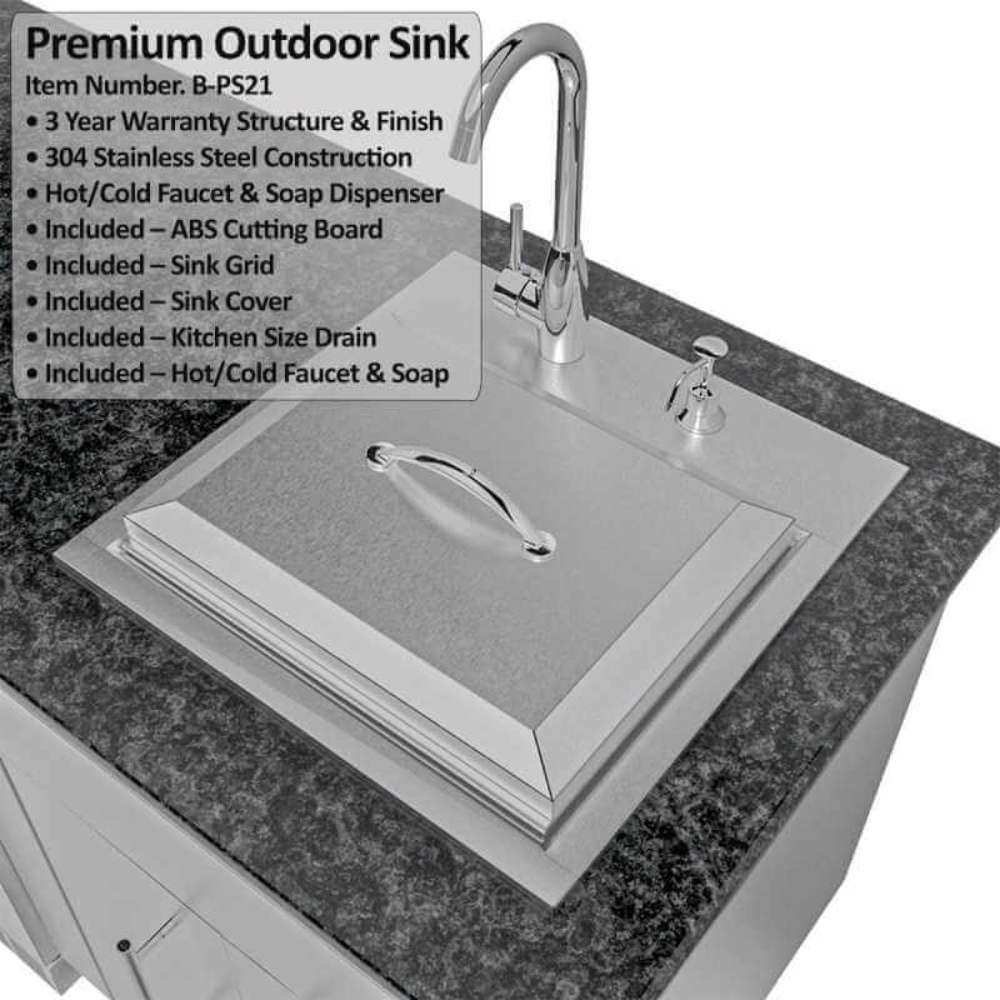 Sunstone French Quarter 13ft 7in Outdoor Kitchen Island Package features a covered stainless steel sink with listed specifications and accessories