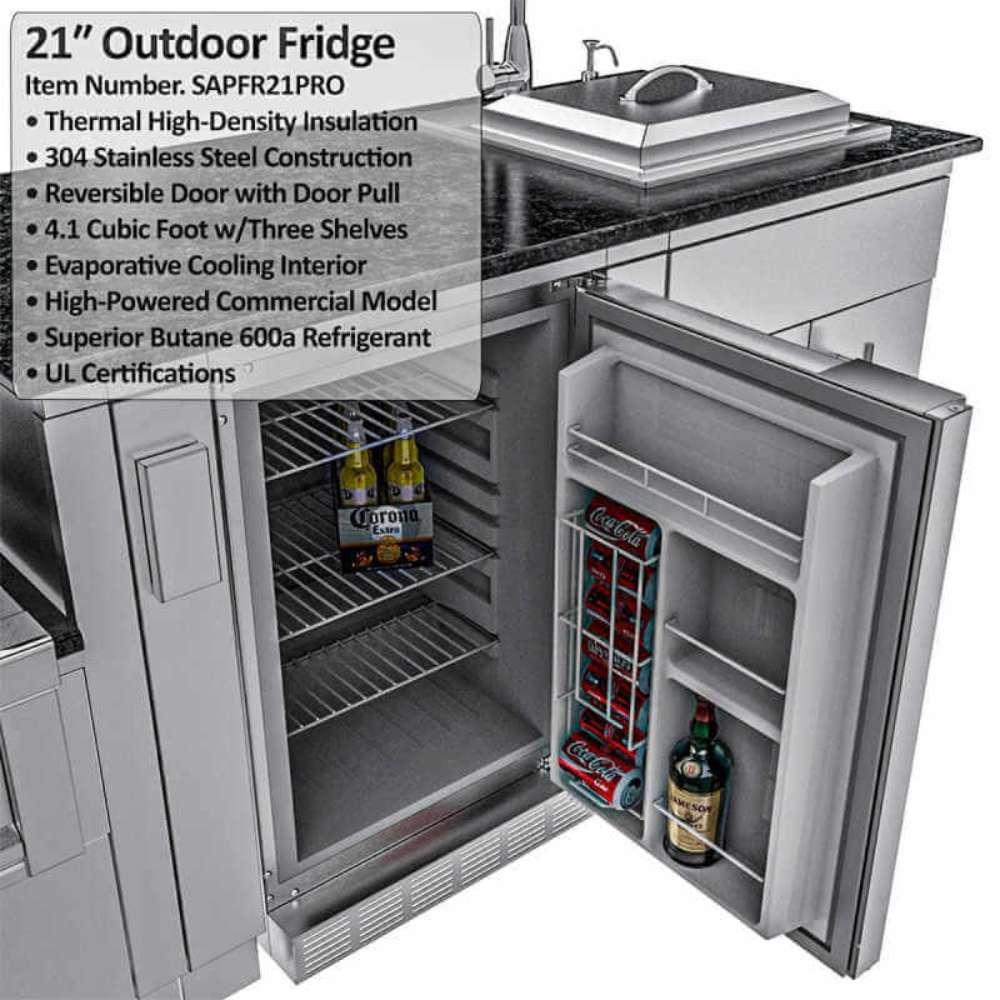 Sunstone French Quarter 13ft 7in Outdoor Kitchen Island Package features an open outdoor fridge stocked with drinks and labeled specifications