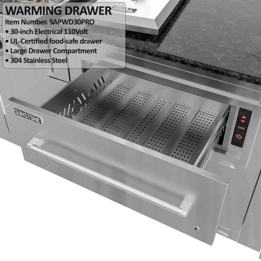 Sunstone French Quarter 13ft 7in Outdoor Kitchen Island Package includes an open warming drawer with perforated tray and digital controls