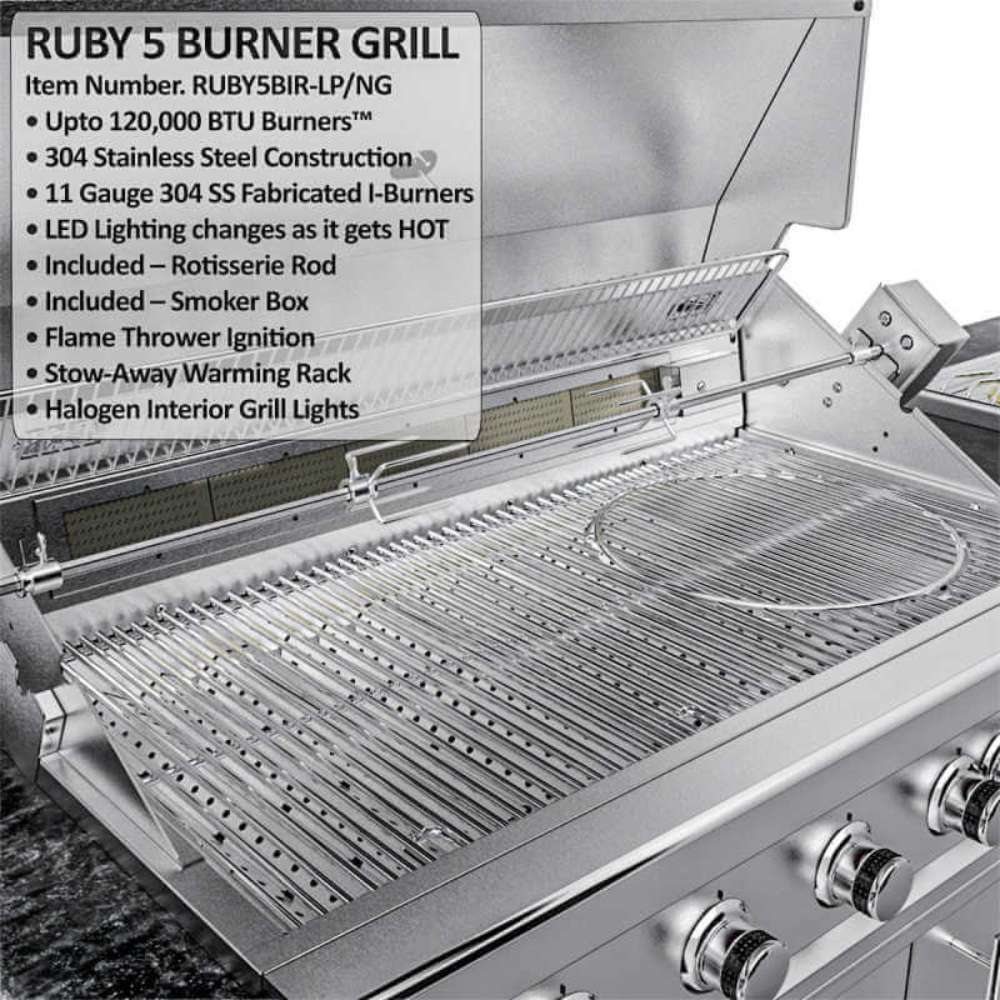 Sunstone French Quarter 13ft 7in Outdoor Kitchen Island Package shows an open grill with visible grates and listed features for the Ruby 5 burner system