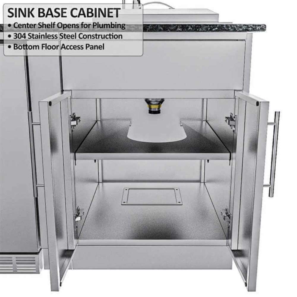 Sunstone French Quarter 13ft 7in Outdoor Kitchen Island Package shows an open sink base cabinet with interior shelf and plumbing access