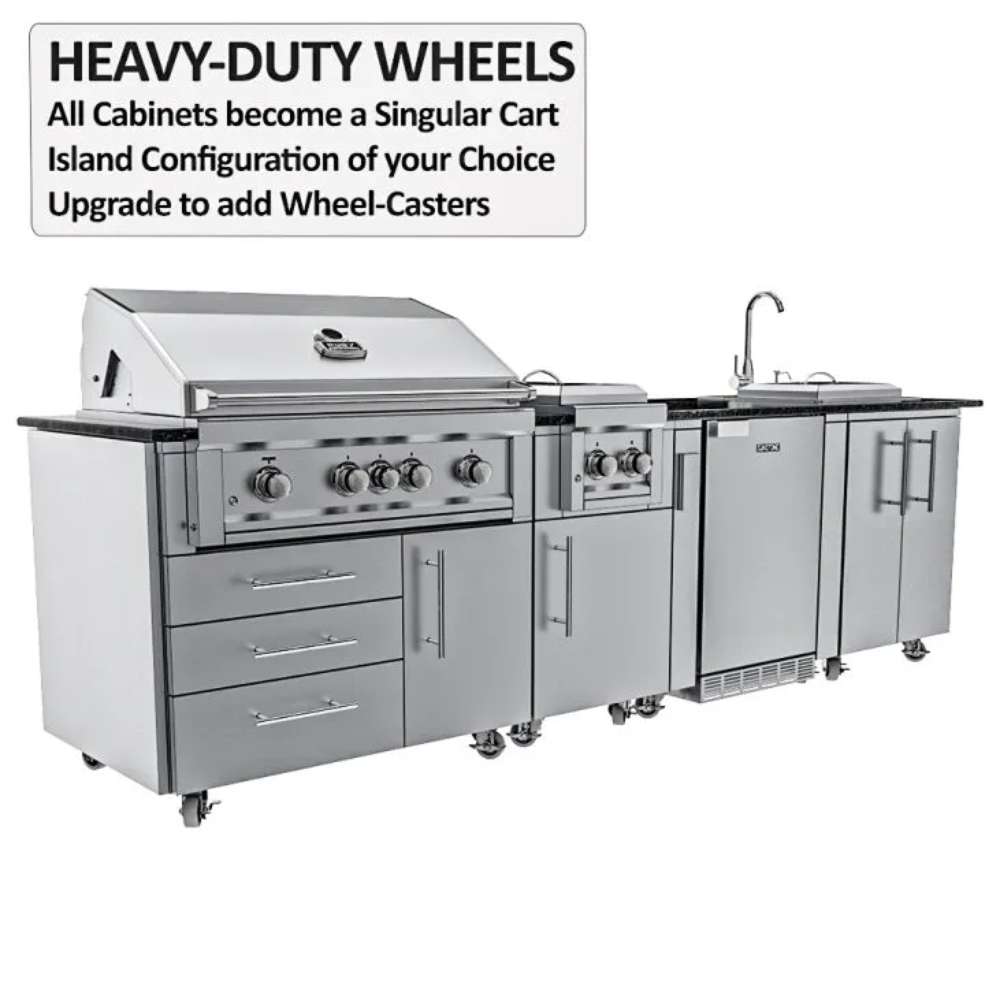 Sunstone Magnolia 10ft Outdoor Kitchen Island Package displayed with heavy-duty wheels for easy movement and flexible outdoor setup