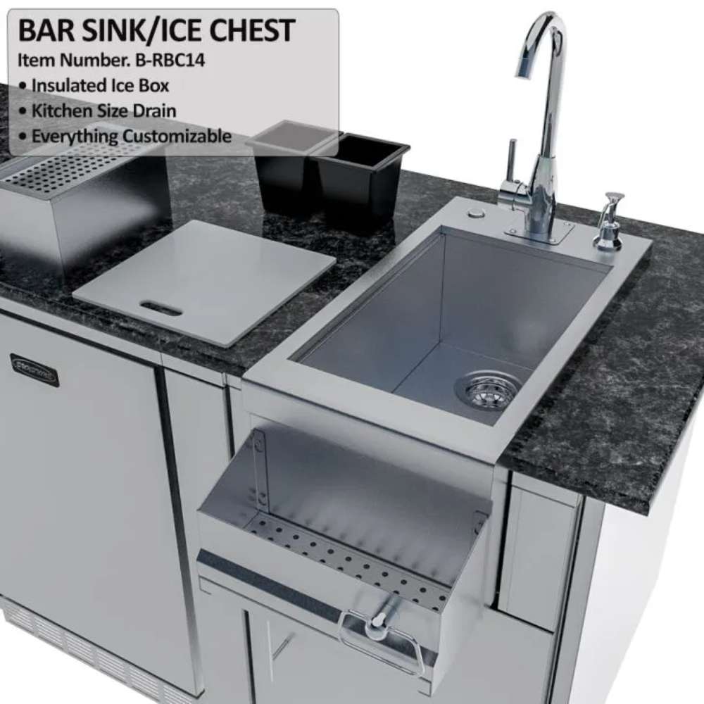 Sunstone Savanna 16ft Outdoor Cabinet Package with 60° Angle displays the bar sink opened to reveal compartments and cutting board