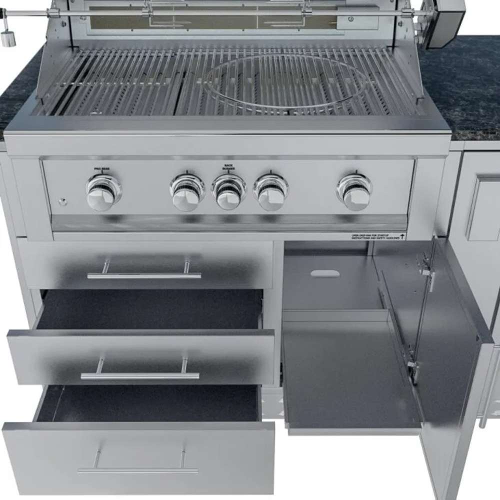 Sunstone Savanna 16ft Outdoor Cabinet Package with 60° Angle features an open cabinet below the side burner for storage