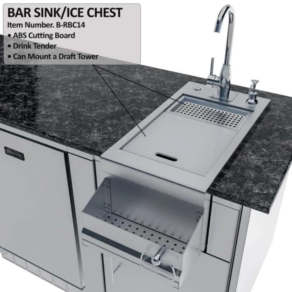 Sunstone Savanna 16ft Outdoor Cabinet Package with 60° Angle highlights a bar sink with faucet and pull-out drawer below