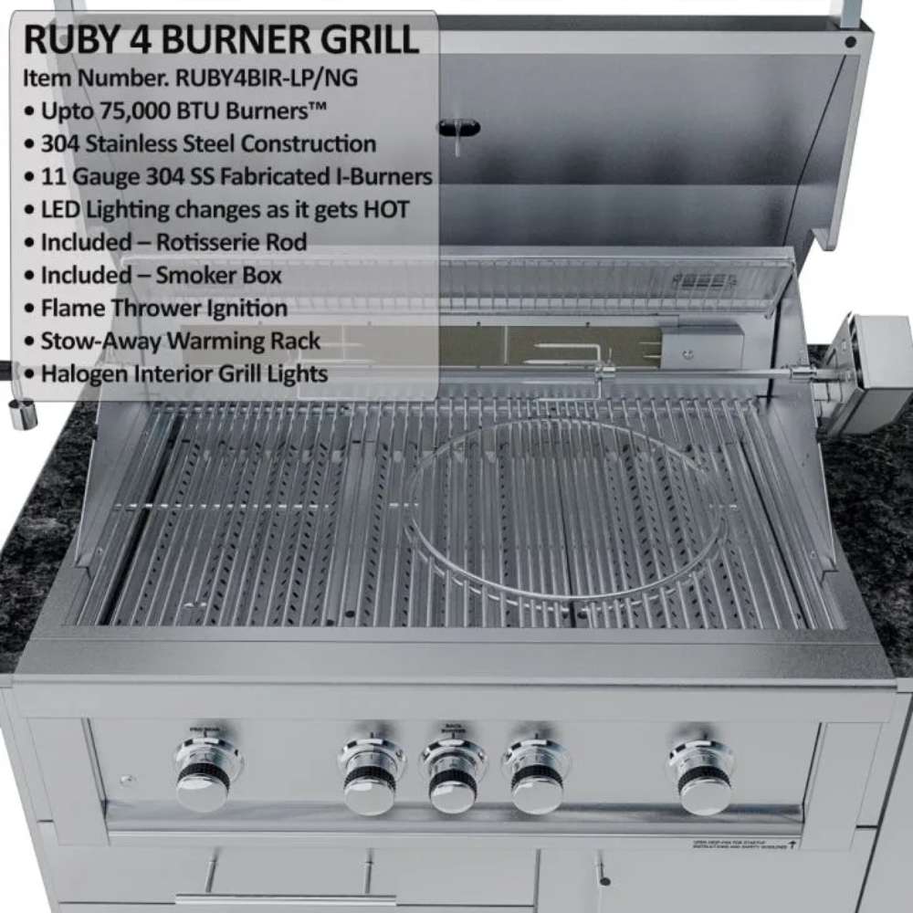 Sunstone Savanna 16ft Outdoor Cabinet Package with 60° Angle highlights the grill and side burner with stainless steel finish and controls
