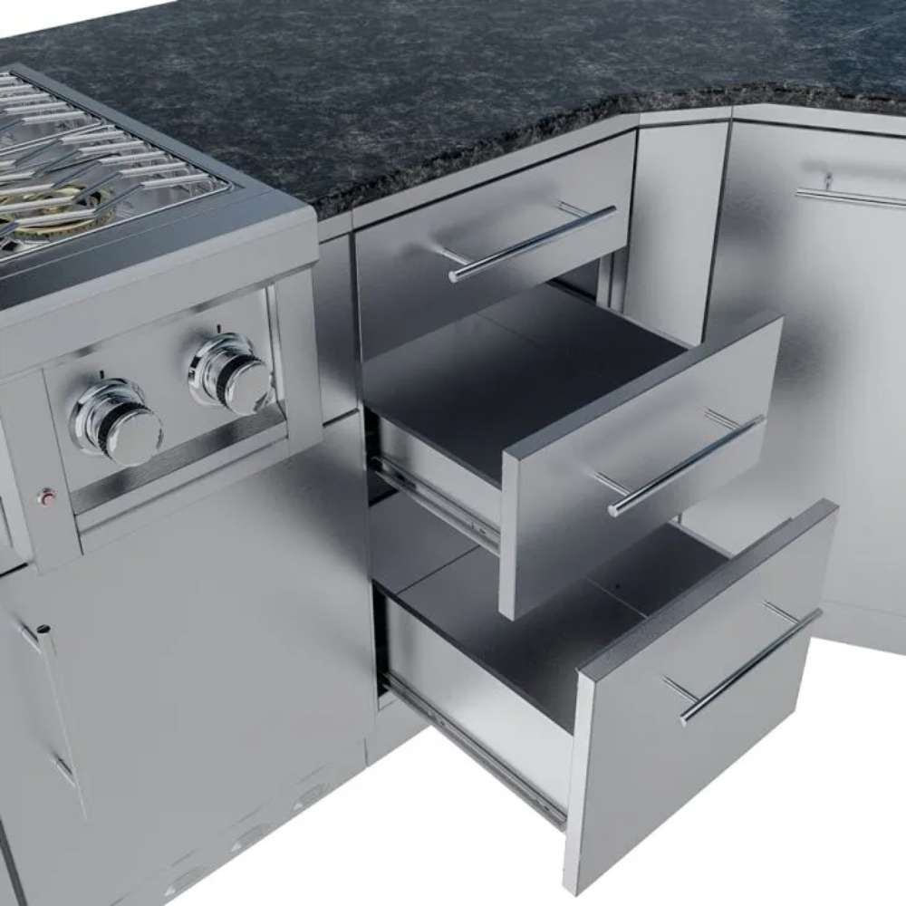 Sunstone Savanna 16ft Outdoor Cabinet Package with 60° Angle includes a pull-out trash bin drawer with two containers