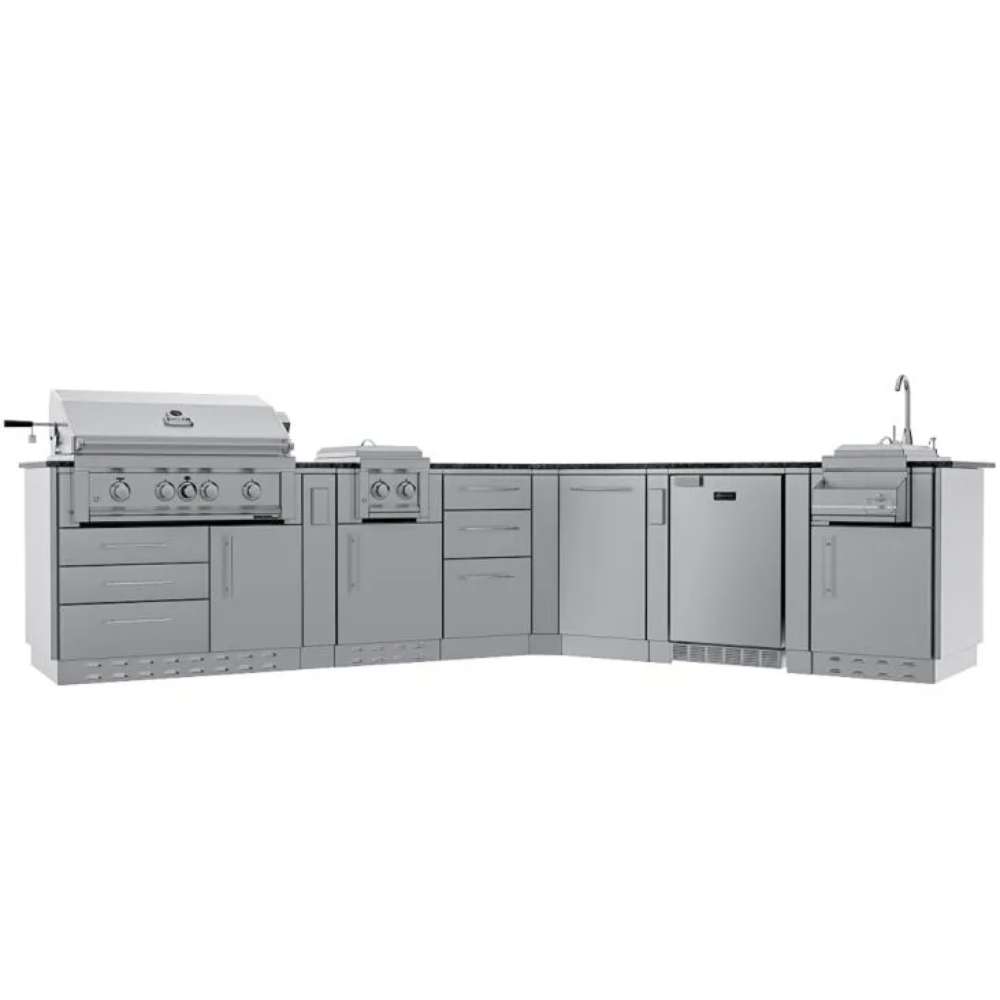 Sunstone Savanna 16ft Outdoor Cabinet Package with 60° Angle is displayed front-facing with grill, drawers, fridge, and sink on a white background