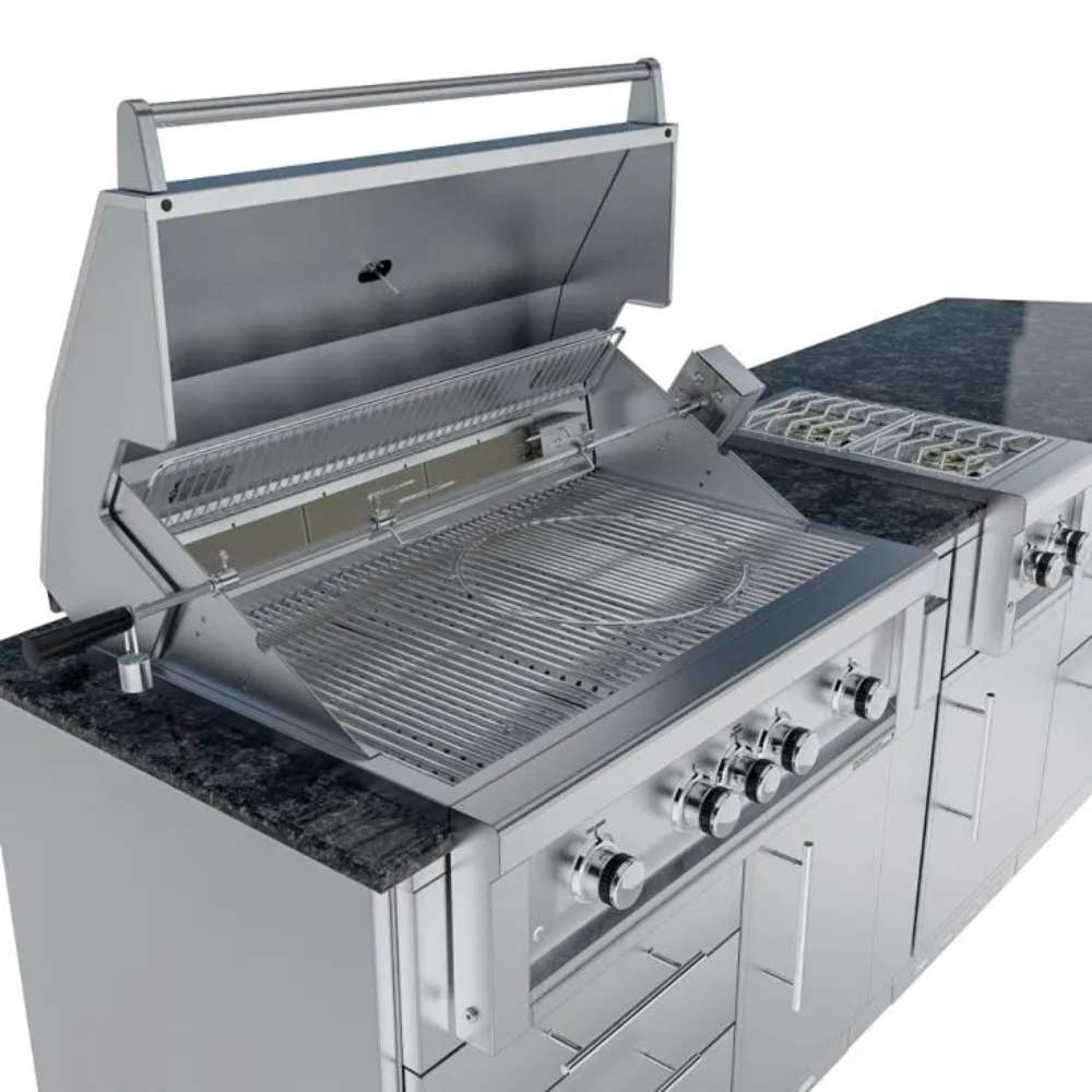 Sunstone Savanna 16ft Outdoor Cabinet Package with 60° Angle is displayed with the grill open, showing the full L-shaped layout with cabinets and sink