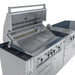 Sunstone Savanna 16ft Outdoor Cabinet Package with 60° Angle is displayed with the grill open, showing the full L-shaped layout with cabinets and sink