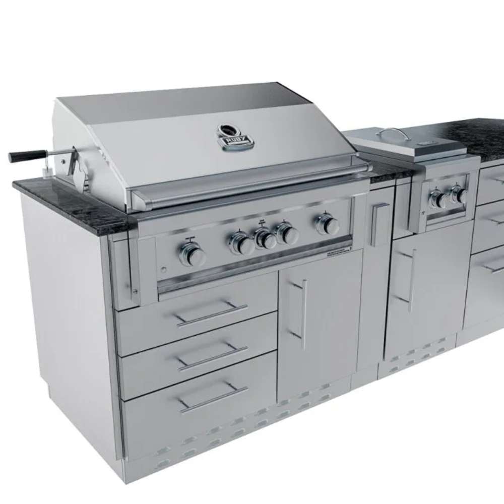 Sunstone Savanna 16ft Outdoor Cabinet Package with 60° Angle is shown from the back, featuring stainless steel cabinets, a sink, and a grill