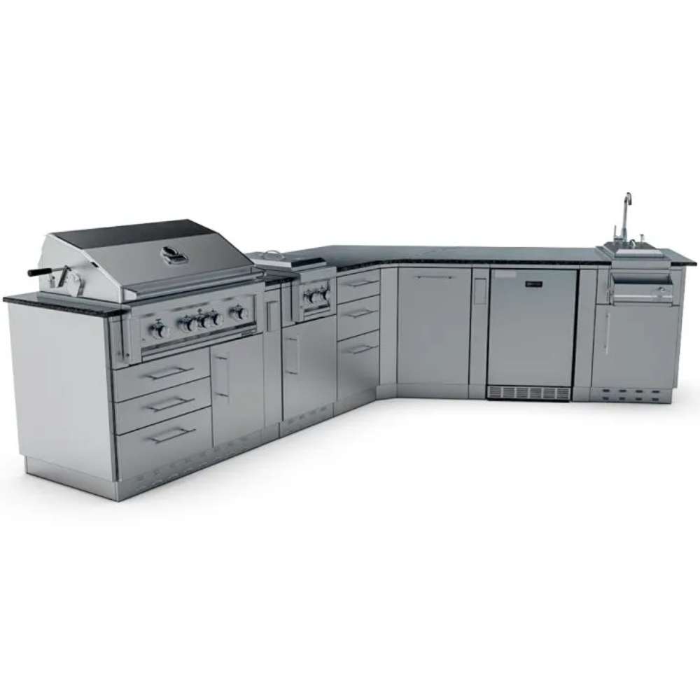 Sunstone Savanna 16ft Outdoor Cabinet Package with 60° Angle is shown on a white background, highlighting its grill, cabinets, and sink