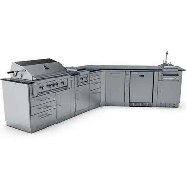 Sunstone Savanna 16ft Outdoor Cabinet Package with 60° Angle is shown on a white background, highlighting its grill, cabinets, and sink