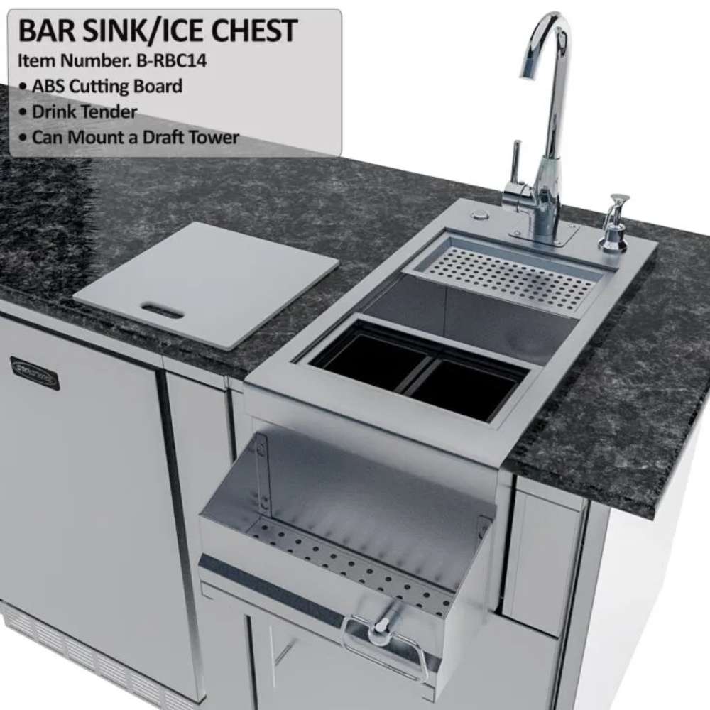 Sunstone Savanna 16ft Outdoor Cabinet Package with 60° Angle shows a covered bar sink and ice chest with faucet and drain