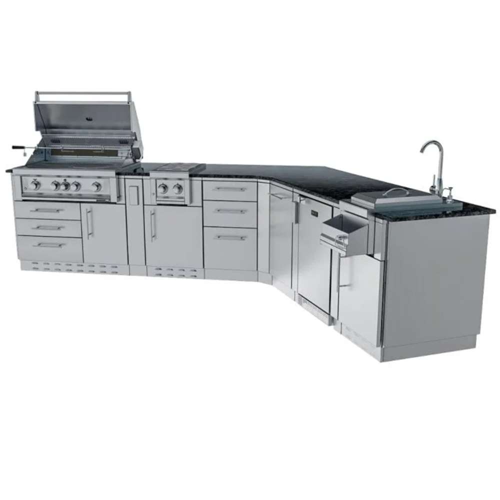 Sunstone Savanna 16ft Outdoor Cabinet Package with 60° Angle shows an open grill with visible grates, cabinets, and sink
