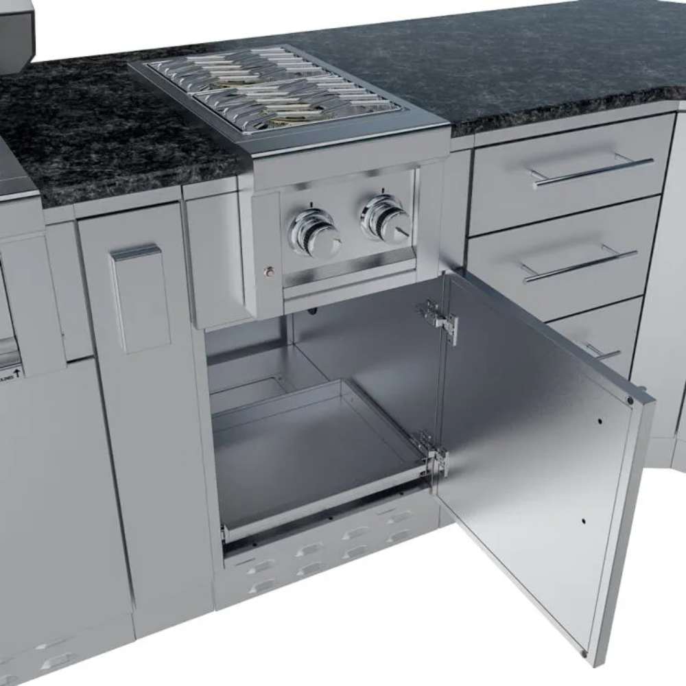 Sunstone Savanna 16ft Outdoor Cabinet Package with 60° Angle shows open storage drawers beside the side burner