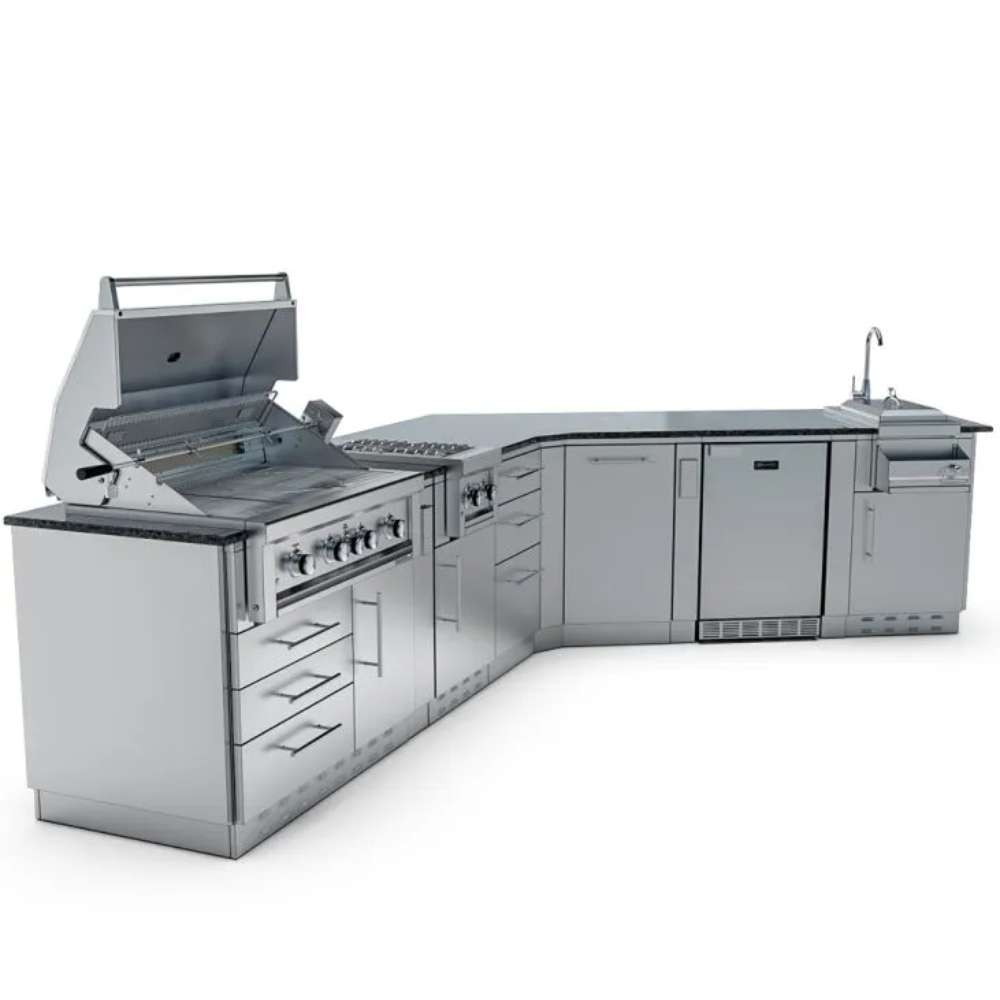 Sunstone Savanna 16ft Outdoor Cabinet Package with 60° Angle shows the sink area with faucet, storage cabinet, and pull-out drawer