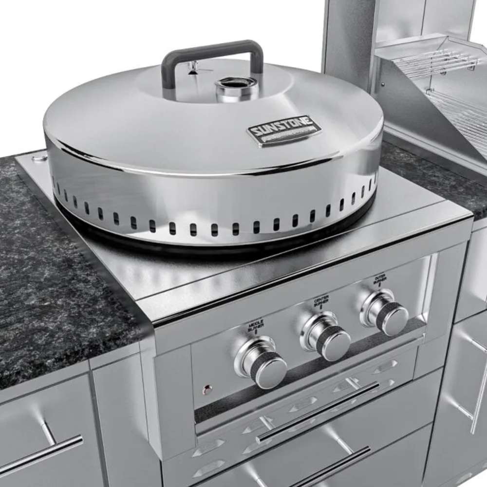 Sunstone TexCajun 9ft Outdoor Kitchen Island Package burner with closed lid on a stainless steel outdoor kitchen unit