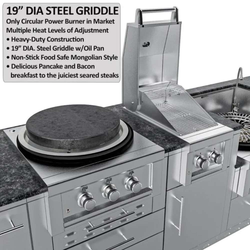 Sunstone TexCajun 9ft Outdoor Kitchen Island Package showing a round steel griddle on a built-in outdoor cooking station
