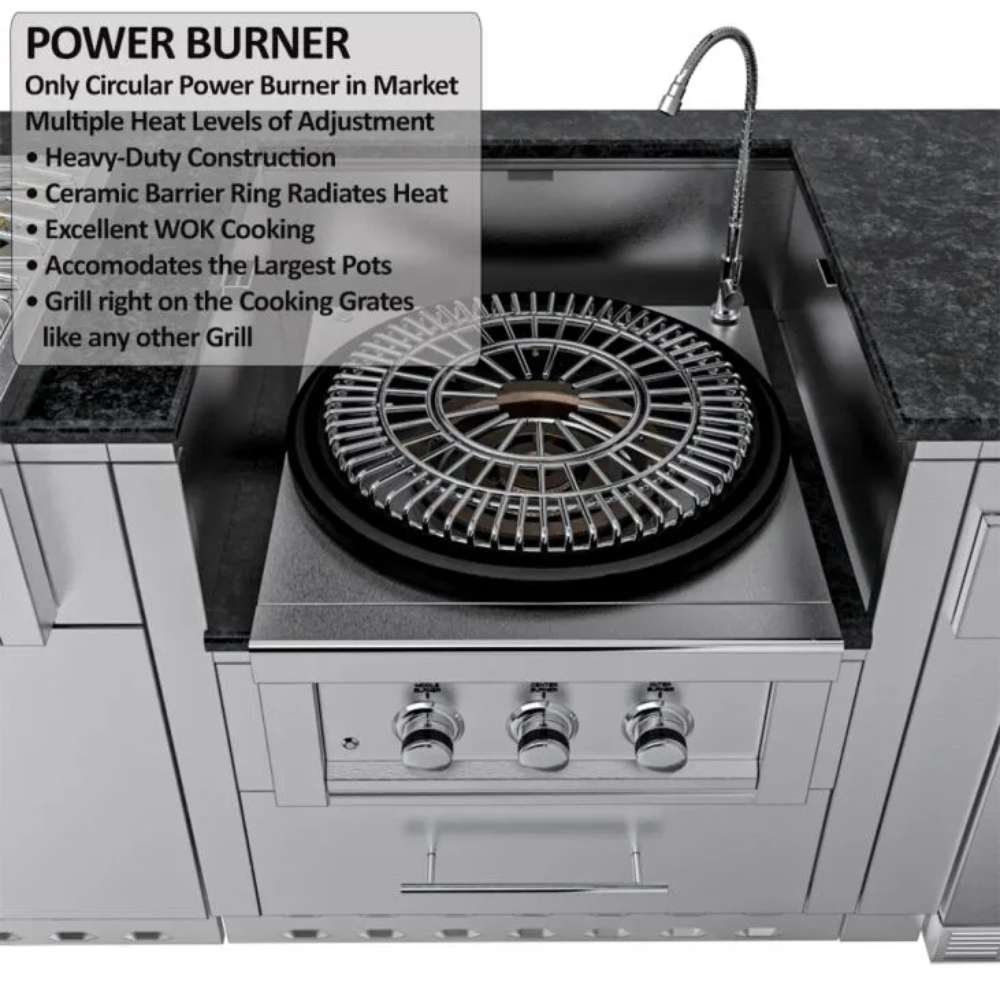 Sunstone TexCajun 9ft Outdoor Kitchen Island Package showing an open circular power burner grate beside a sink