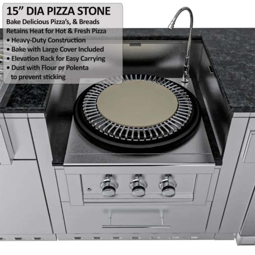 Sunstone TexCajun 9ft Outdoor Kitchen Island Package with pizza stone placed on a round burner for baking