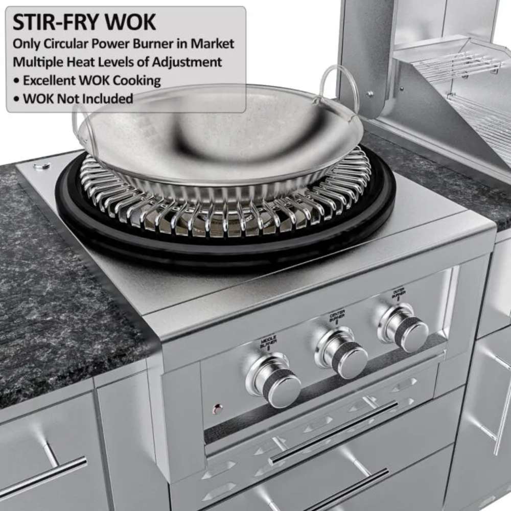 Sunstone TexCajun 9ft Outdoor Kitchen Island Package with wok cooking setup on a circular burner and control knobs below