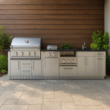 Sunstone Dallas 9ft 11in Hybrid Charcoal Gas Grill & Power Burner Island Package includes a stainless grill, power burner, sink, and storage for outdoor cooking