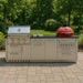 Sunstone Kamado 8ft Outdoor Grill & Cabinet Island Package features a stainless gas grill, storage drawers, and a bold red Kamado grill for outdoor cooking
