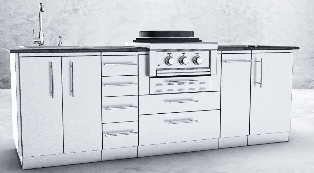Sunstone Mongo 8ft Outdoor Grill & Cabinet Island Package is staged against a white concrete wall, showing its sleek design in an indoor or patio setting