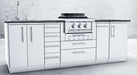 Sunstone Mongo 8ft Outdoor Grill & Cabinet Island Package is staged against a white concrete wall, showing its sleek design in an indoor or patio setting
