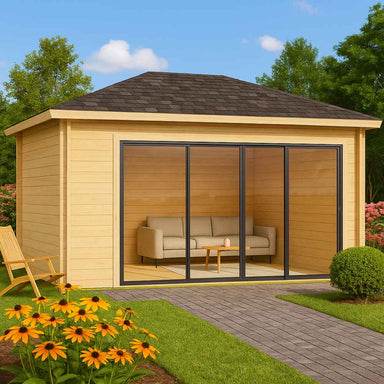 Surrounded by a garden with flowers and shrubs, the GardenHouse24 USA Pavilion ALU 44D Garden Room is shown as a tranquil lounge space