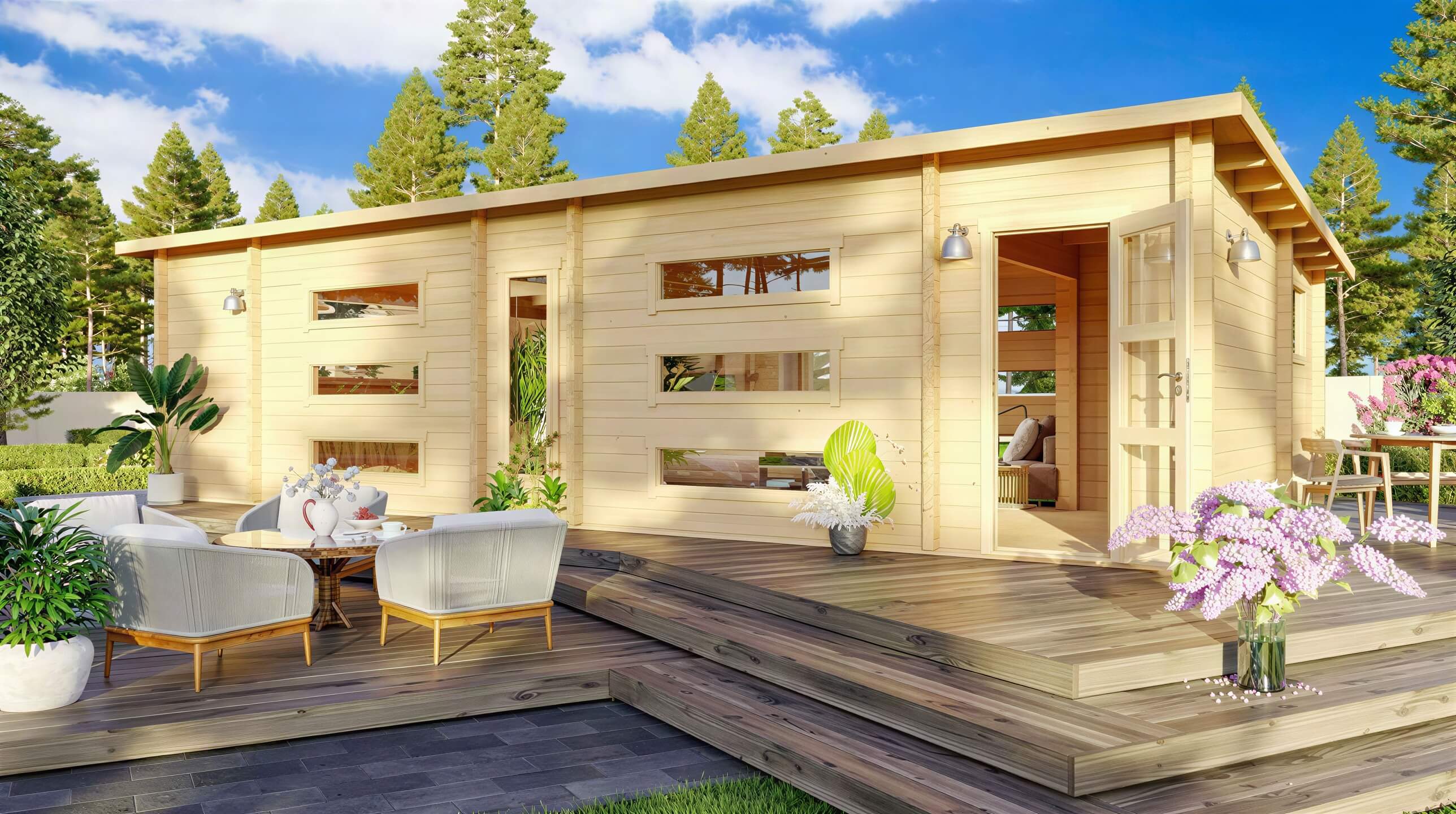 Surrounded by flowers and trees, the GardenHouse24 USA Dundee 90A Garden Room features a spacious deck, modern seating, and double glass doors