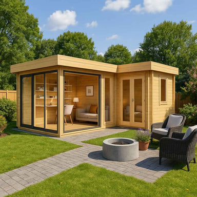 Surrounded by greenery, the GardenHouse24 USA ALU Concept Quinta 70 Garden Room features floor-to-ceiling windows and a stylish interior with a desk and sofa