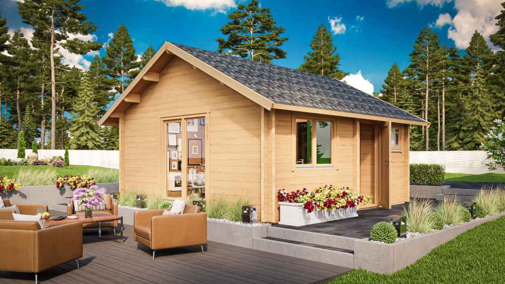 Surrounded by modern outdoor seating and lush greenery, the GardenHouse24 USA Melanie 70 Garden Room appears inviting with its clean wooden exterior and flower boxes