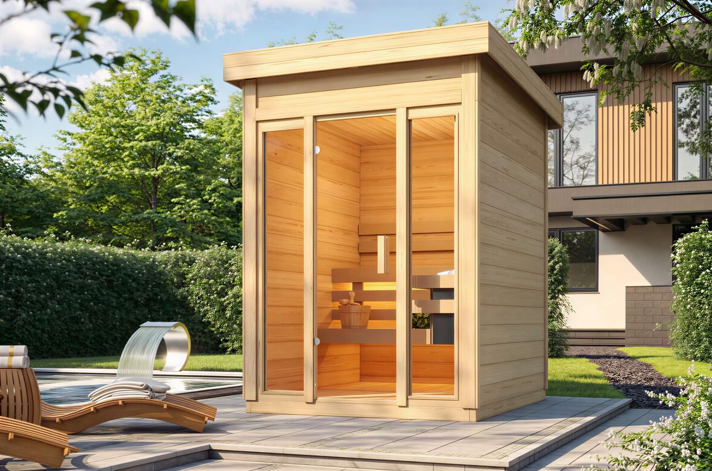 Surrounded by trees and sunshine, Sawmill Structures TS TwoSauna Sauna stands elegantly with its sleek, vertical wood design and inviting glass-front entrance