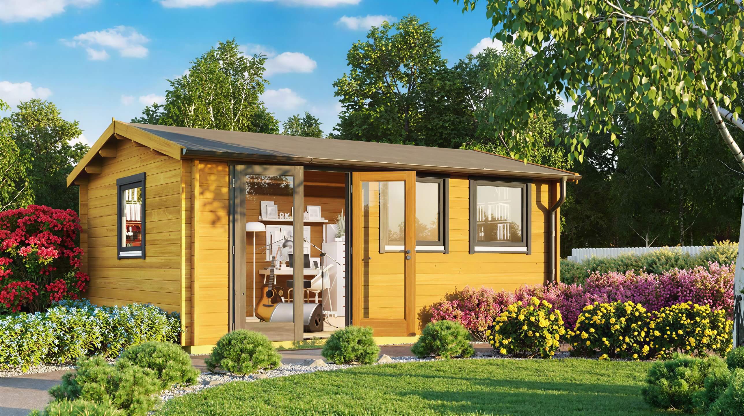 Surrounded by vibrant flowers and green shrubs, the GardenHouse24 USA Miriam 44A Classic Garden Room sits in a lush garden with a clear glass door revealing a cozy interior