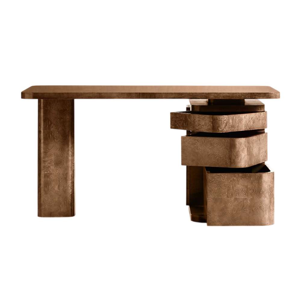 Swivel drawers open on Crate & Barrel Greye 60" Burl Wood Desk with Swivel Drawers to reveal flexible storage space
