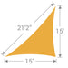 TS-1521 Tenshon Right Triangle Shade Sail 15-foot by 15-foot triangle shade sail size diagram with a 21-foot-2-inch curved edge