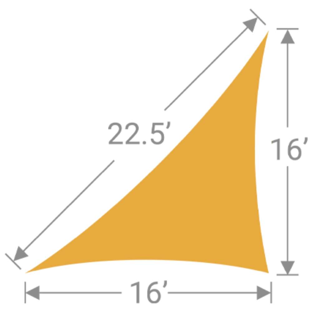 TS-1622 Tenshon Right Triangle Shade Sail 16-foot by 16-foot triangle shade sail size diagram with a 22.5-foot curved edge
