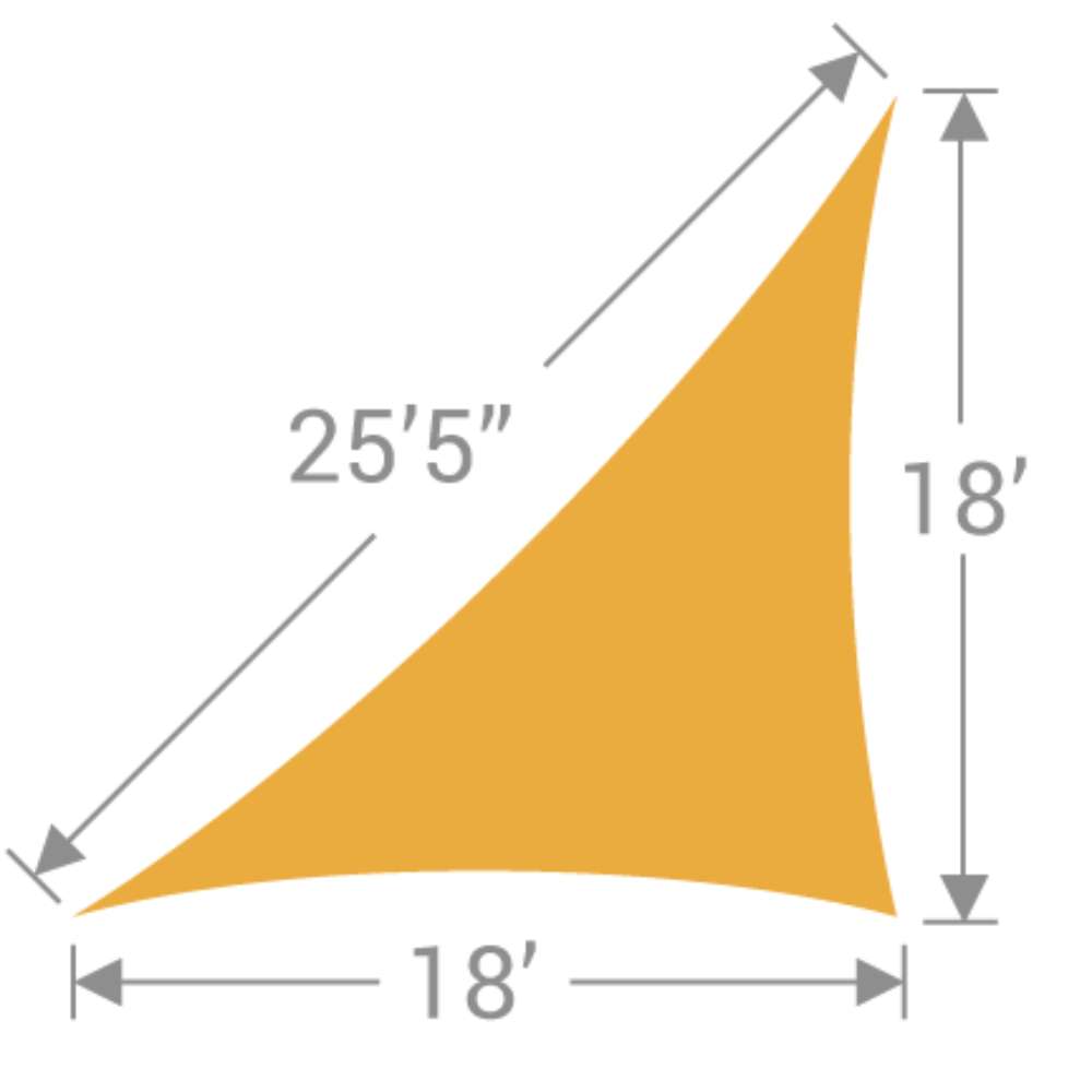 TS-1825 Tenshon Right Triangle Shade Sail 18-foot by 18-foot triangle shade sail size diagram with a 25-foot-5-inch curved edge