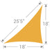 TS-1825 Tenshon Right Triangle Shade Sail 18-foot by 18-foot triangle shade sail size diagram with a 25-foot-5-inch curved edge