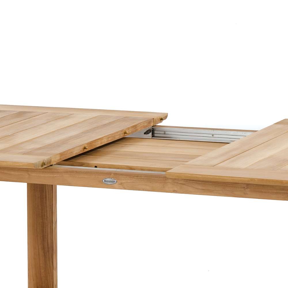 Table is partially opened to reveal a hidden extension leaf mechanism, demonstrating the expandable design of Westminster Teak Horizon Table & Bench Set